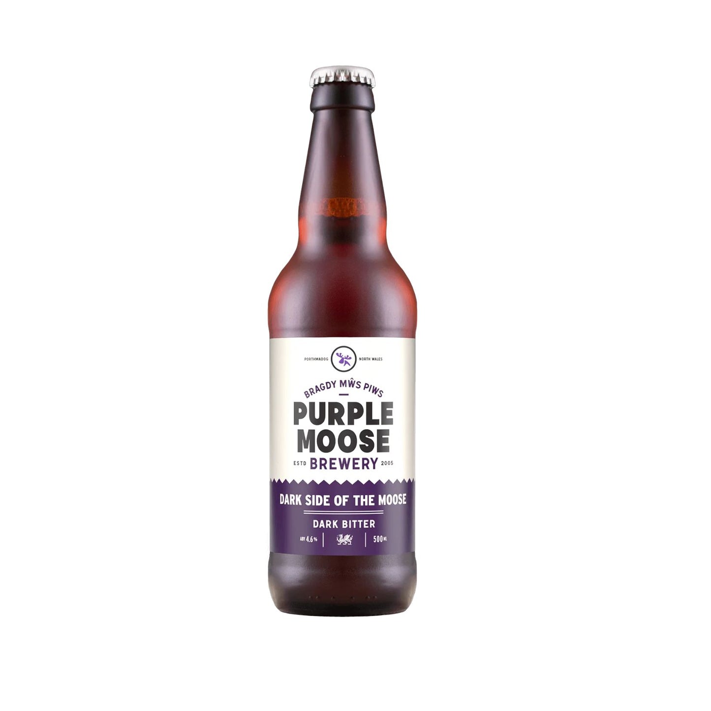 Beer bottle with a label from Purple Moose Brewery on a white background
