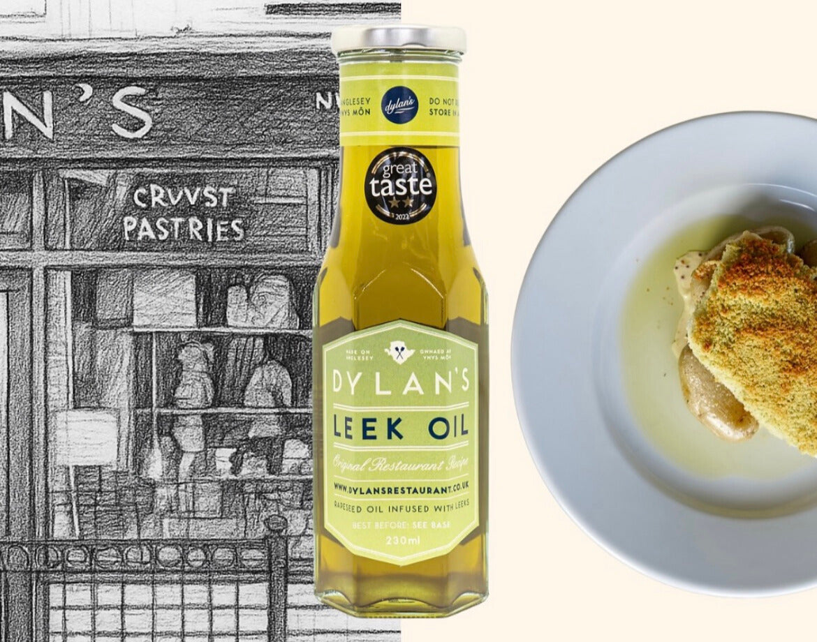 Dylan’s Welsh leek oil with a serving suggestion of hake fish along side a drawing of Dylan’s shop in Menai Bridge Anglesey North Wales