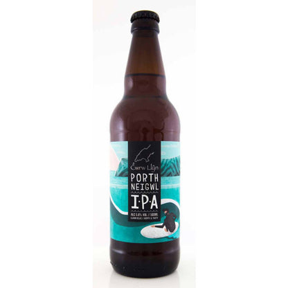 Bottle of Porth Neigwl IPA with a label on a white background