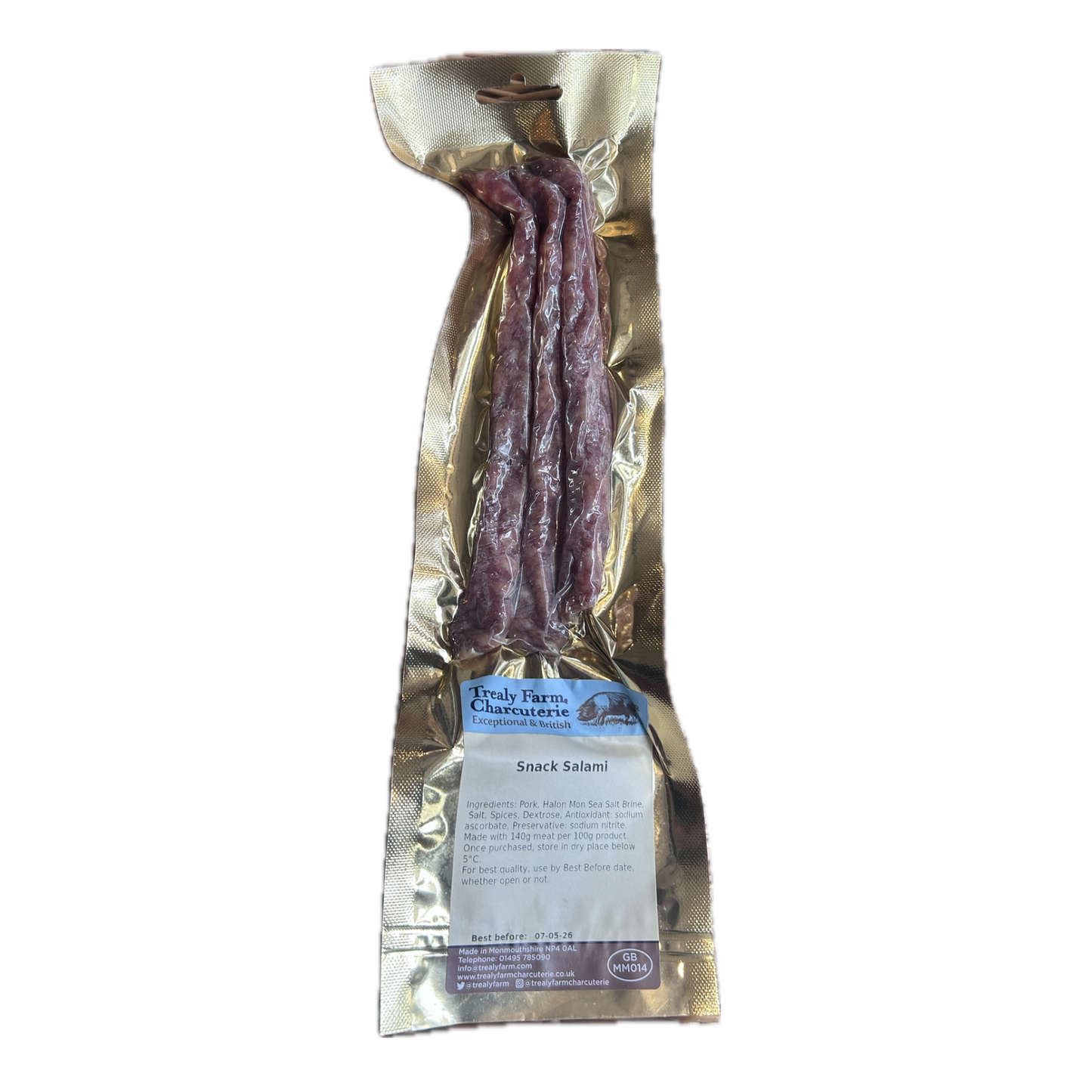 Packaged snack salami with a label on a white background