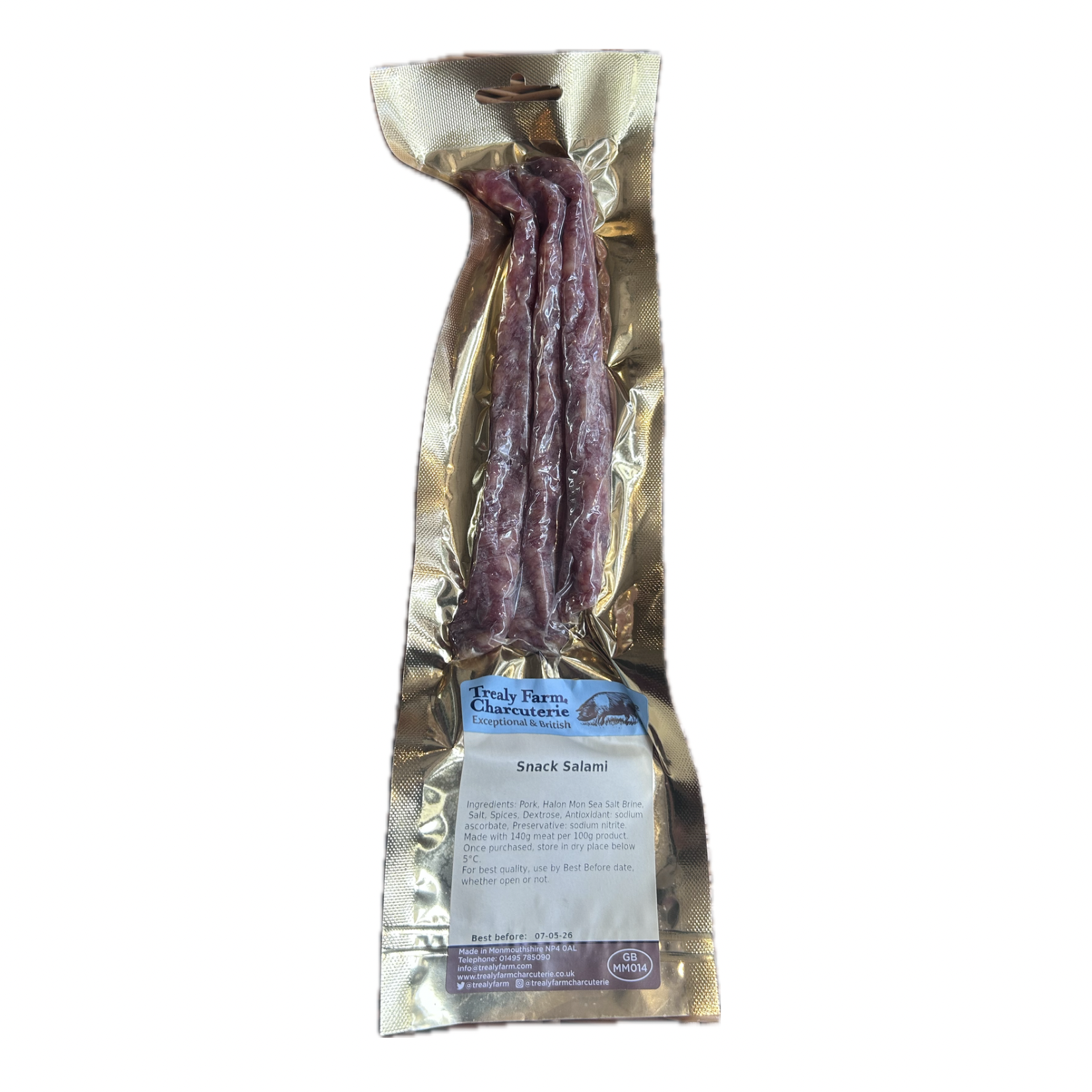 Packaged snack salami with a label on a white background