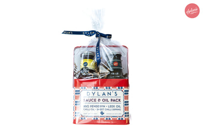 Dylan's Sauce and Oil Pack with a clear plastic bag on a white background
