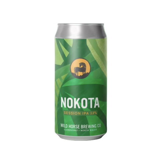Green beer can with silver top labeled 'Nokota Session IPA' on a white background